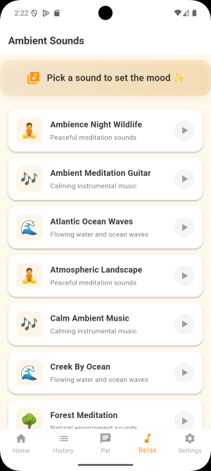 Joyentic app ambient sounds page