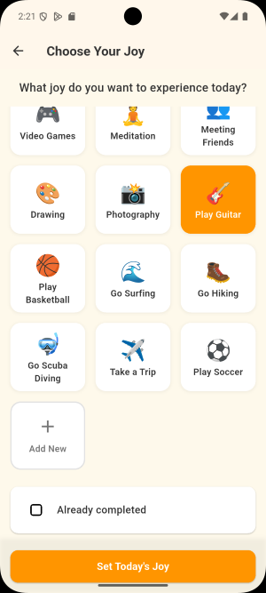 Joyentic app interface to choose daily joy