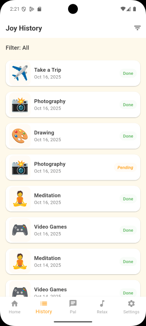 Joyentic app joy history page