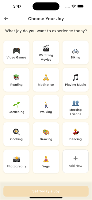 Joyentic app interface to choose daily joy