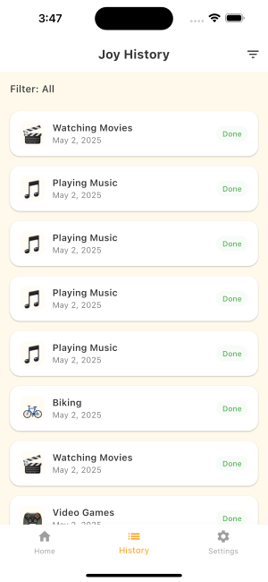 Joyentic app joy history page